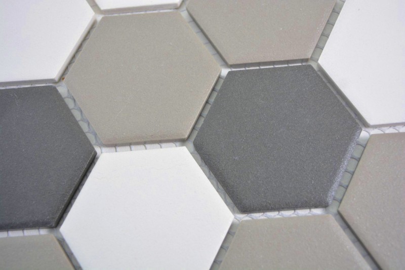 Muestra de mano azulejo mosaico cerámica hexágono blanco gris negro sin esmaltar MOS11B-0123-R10_m