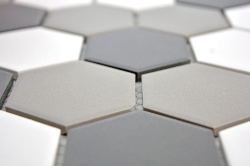 Muestra de mano azulejo mosaico cerámica hexágono blanco gris negro sin esmaltar MOS11B-0123-R10_m