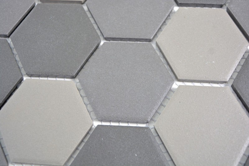Muestra de mano azulejo mosaico cerámica hexágono gris gris oscuro negro sin esmaltar MOS11B-2313-R10_m