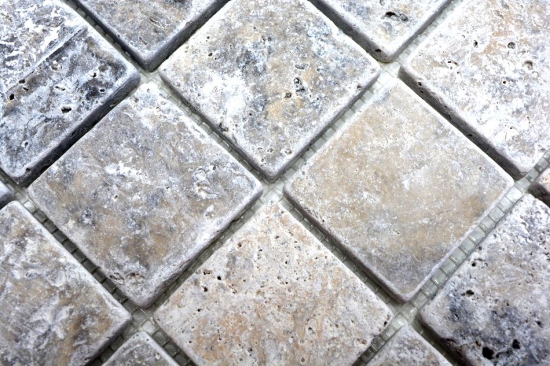 Muestra de mano mosaico azulejo travertino piedra natural blanco gris plata Travertino antiguo MOS43-47048_m