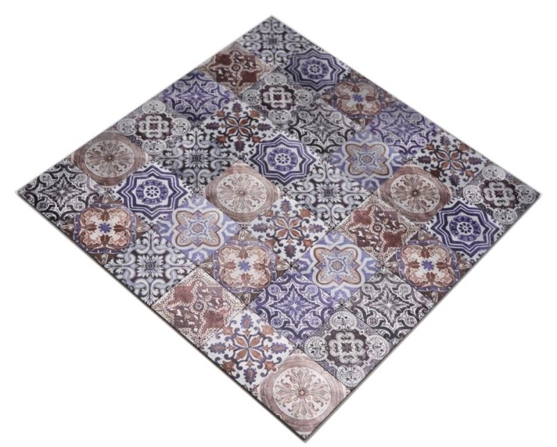 Estera de mosaico autoadhesivo aluminio aspecto retro multicolor púrpura crema marrón ornamento africano - MOS200-U03