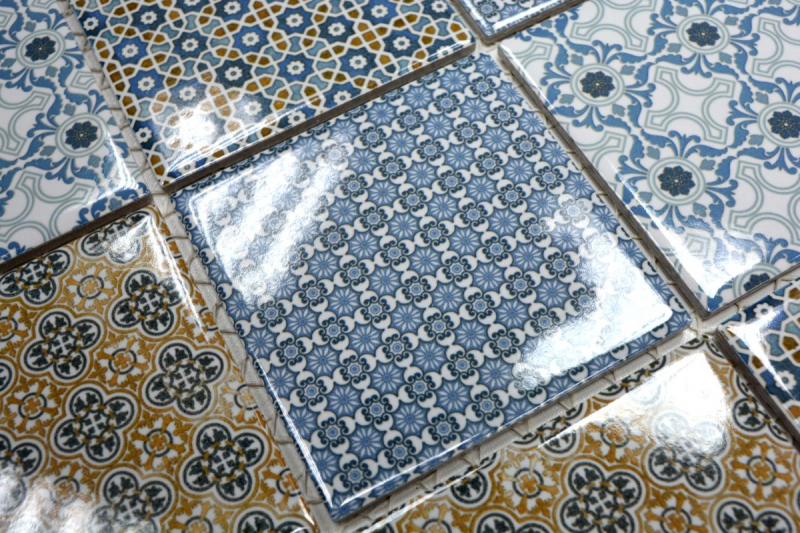 Muestra de mano retro vintage mosaico azulejo cerámica blanco azul naranja gris MOS22B-1404_m