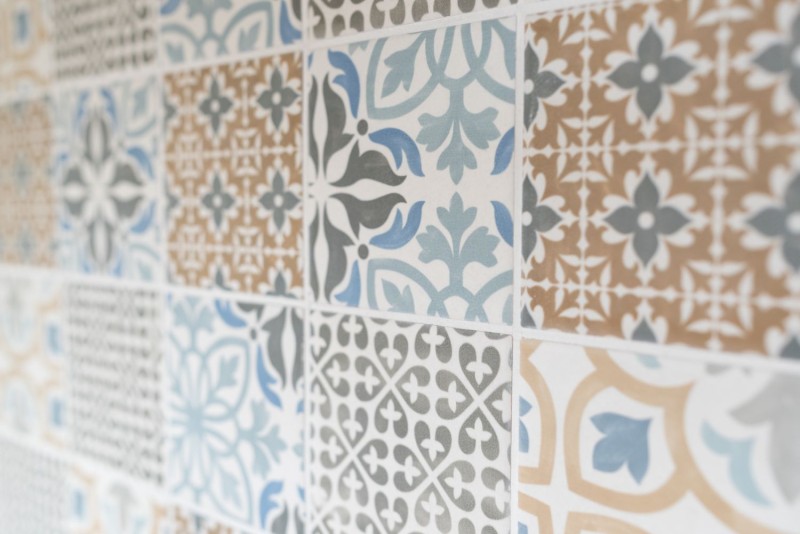 Retro vintage mosaico de azulejos de pared de cerámica crema azul naranja gris mate patchwork - MOS22B-1406