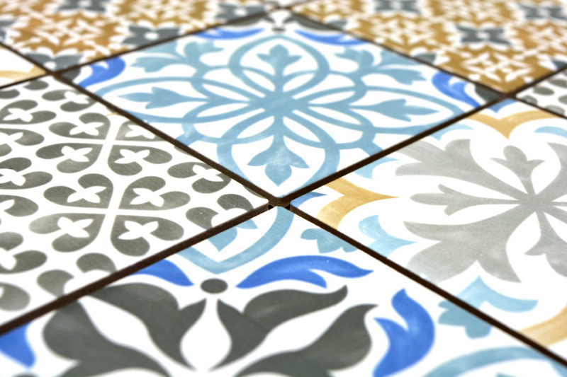 Retro vintage mosaico azulejo backsplash cocina backsplash cerámica crema azul naranja gris mate MOS22B-1406_f | 10 esteras de mosaico