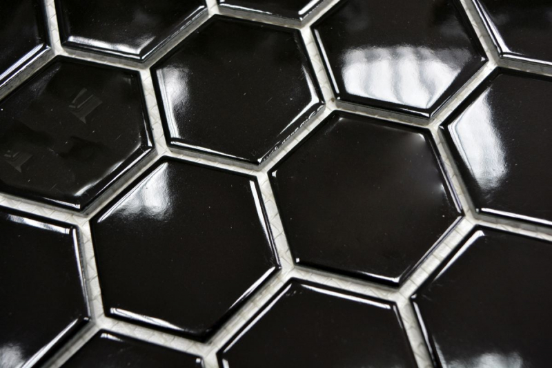 Muestra de mano mosaico azulejo cerámica hexágono negro brillante ducha splashback azulejo espejo MOS11B-0302_m
