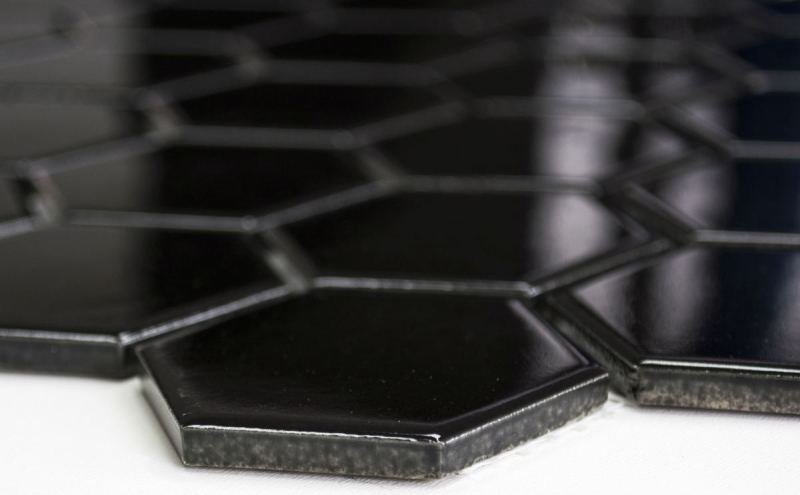 Muestra de mano mosaico azulejo cerámica hexágono negro brillante ducha splashback azulejo espejo MOS11B-0302_m