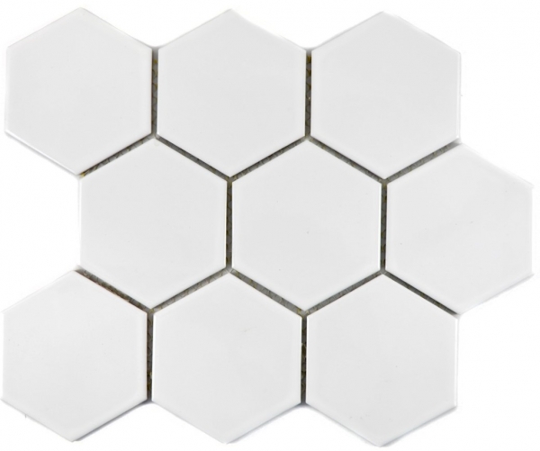 Azulejos de mosaico de cerámica hexágono blanco brillante azulejo de la cocina WC azulejo del baño MOS11F-0101_f | 10 esteras de mosaico