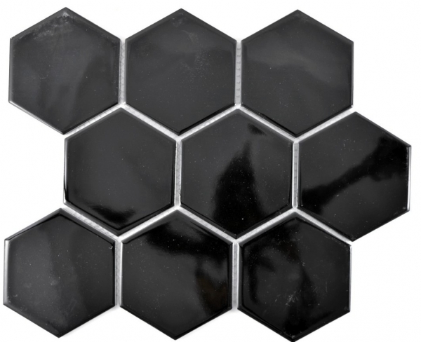 Azulejos de mosaico de cerámica hexágono negro brillante azulejo de la cocina WC azulejo del baño MOS11F-0301_f | 10 esteras de mosaico