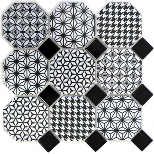 Mosaico de azulejos de cerámica octágono MISTO blanco brillante negro pared de mosaico cocina splashback MOSOcta-0301_f | 10 esteras de mosaico