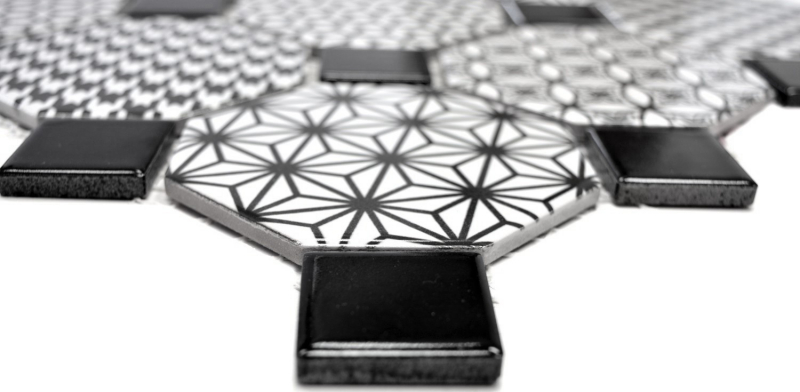 Mosaico de azulejos de cerámica octágono MISTO blanco brillante negro pared de mosaico cocina splashback MOSOcta-0301_f | 10 esteras de mosaico