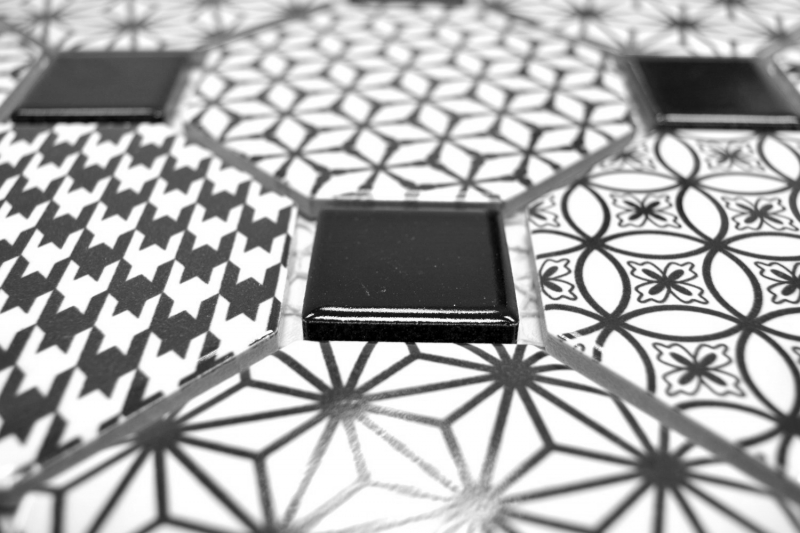 Mosaico de azulejos de cerámica octágono MISTO blanco brillante negro pared de mosaico cocina splashback MOSOcta-0301_f | 10 esteras de mosaico