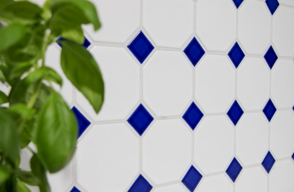 Mosaico de azulejos de cerámica octogonal blanco mate azul cobalto brillante pared de mosaico cocina splashback MOSOcta-180_f | 10 esteras de mosaico