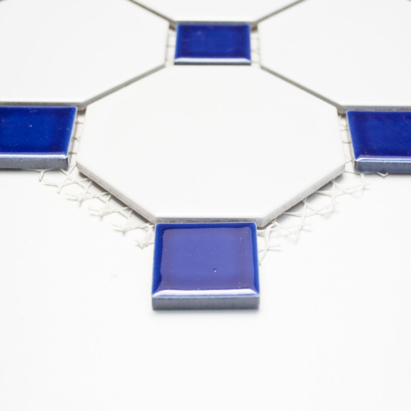 Mosaico de azulejos de cerámica octogonal blanco mate azul cobalto brillante pared de mosaico cocina splashback MOSOcta-180_f | 10 esteras de mosaico