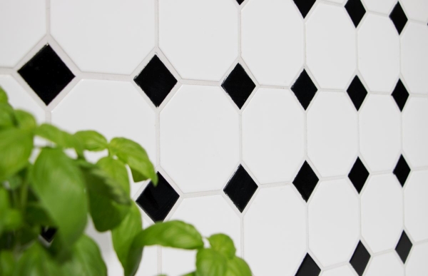 Mosaico de azulejos de cerámica octogonal blanco mate negro brillante azulejo backsplash MOSOcta-190_f | 10 esteras de mosaico