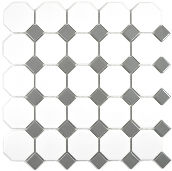 Mosaico de azulejos de cerámica de metal gris octágono blanco mate metal brillante MOS13-0122_f | 10 esteras de mosaico