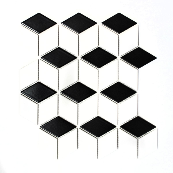 Mosaico de azulejos de cerámica 3D cubo blanco negro brillante azulejos de la pared azulejos de baño MOS13-OV01_f | 10 esteras de mosaico