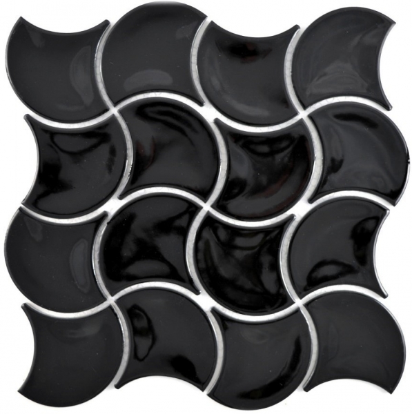 Azulejo de mosaico de cerámica ventilador negro brillante ola azulejo de la pared azulejo del baño MOS13-FSW03_f | 10 esteras de mosaico