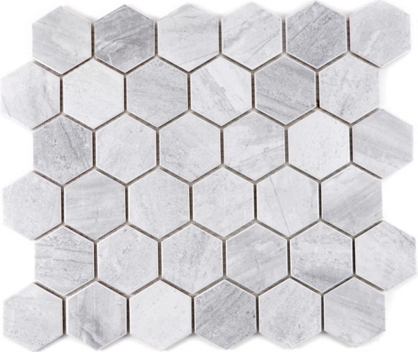 Muestra de mano mosaico azulejo cerámica hexágono travertino gris mate azulejo backsplash cocina MOS11G-0202_m