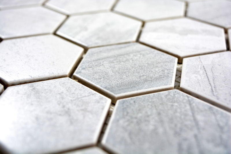 Muestra de mano mosaico azulejo cerámica hexágono travertino gris mate azulejo backsplash cocina MOS11G-0202_m