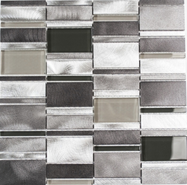 Muestra de mano mosaico azulejo aluminio translúcido combinación aluminio vidrio mosaico cristal claro gris MOS49-0204_m