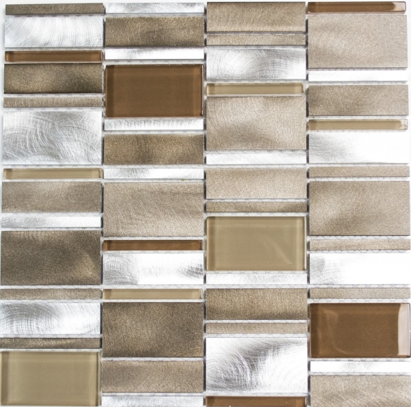 Muestra de mano mosaico azulejo aluminio translúcido combinación aluminio vidrio mosaico cristal beige marrón MOS49-1202_m