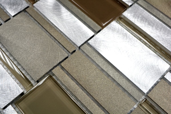 Muestra de mano mosaico azulejo aluminio translúcido combinación aluminio vidrio mosaico cristal beige marrón MOS49-1202_m
