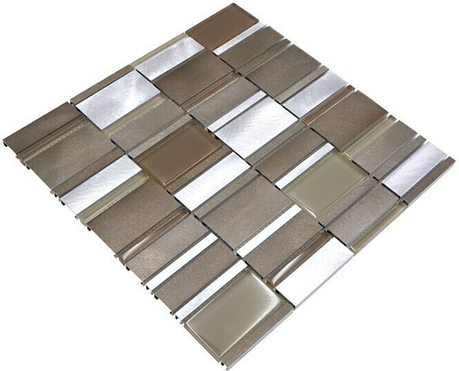 Mosaico aluminio combinación vidrio mosaico beige marrón salpicadero cocina MOS49-1202
