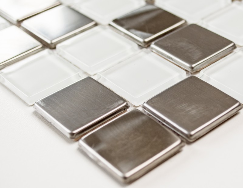 Mosaico de azulejos de acero inoxidable mosaico de vidrio de acero blanco plata mosaico de azulejos MOS129-0104