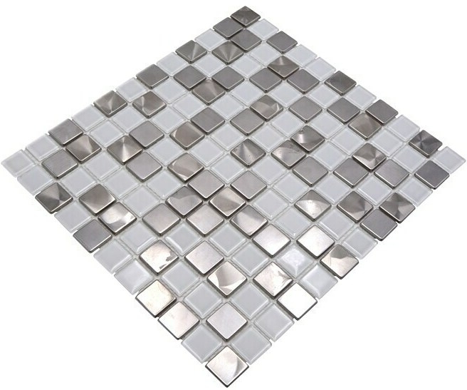 Mosaico de azulejos de acero inoxidable mosaico de vidrio de acero blanco plata mosaico de azulejos MOS129-0104