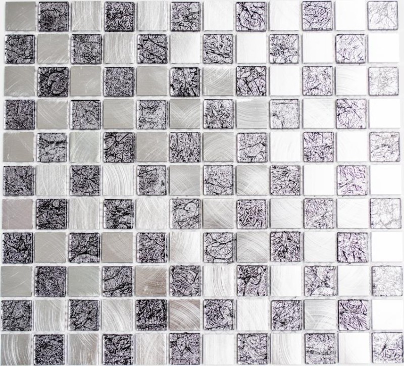 Panel trasero mosaico aluminio vidrio mosaico aluminio damero negro plata MOS49-0302_f