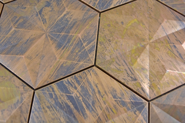 Muestra de mano mosaico azulejo cobre cobre hexágono 3D marrón cocinaMOS49-1516_m