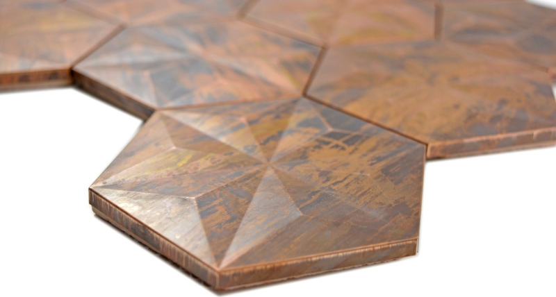 Muestra de mano mosaico azulejo cobre cobre hexágono 3D marrón cocinaMOS49-1516_m