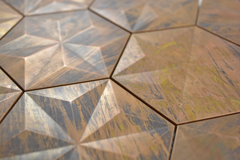 Muestra de mano mosaico azulejo cobre cobre hexágono 3D marrón cocinaMOS49-1516_m