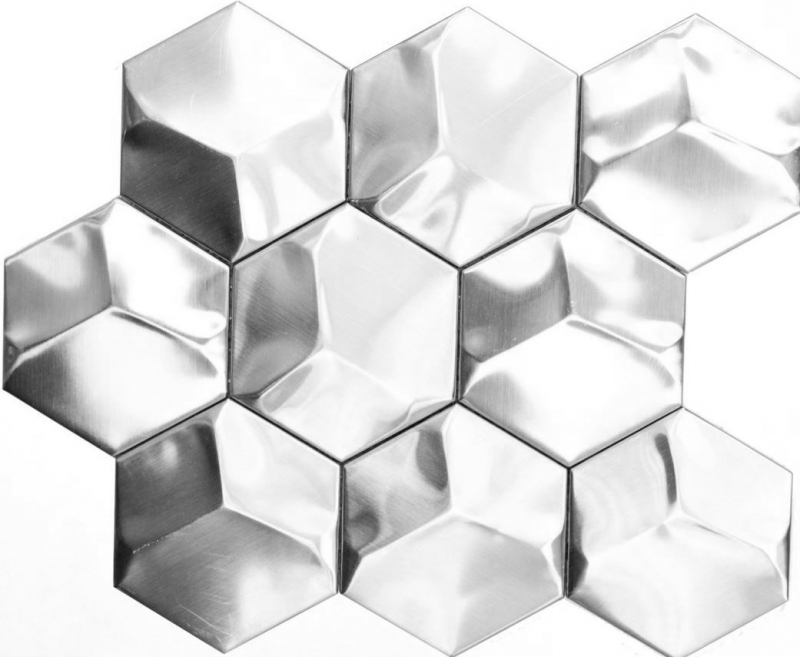 Muestra de mano mosaico azulejo acero inoxidable plata hexágono 3D acero cepillado azulejo backsplash cocina MOS129-HXM20SD_m