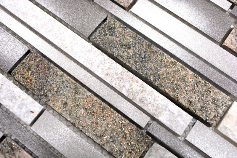 Muestra de mano mosaico azulejo cuarcita piedra natural aluminio plata gris claro beige compuesto MOS49-XSA535_m