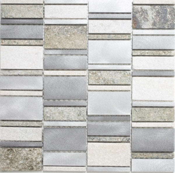Muestra de mano mosaico azulejo cuarcita piedra natural aluminio gris plata beige claro rectángulo MOS49-505_m