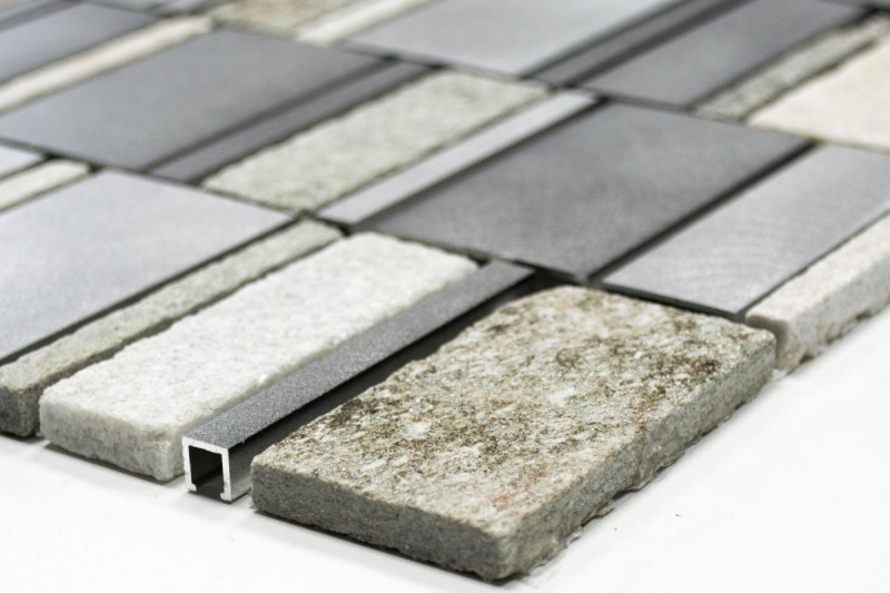 Muestra de mano mosaico azulejo cuarcita piedra natural aluminio gris plata beige claro rectángulo MOS49-505_m