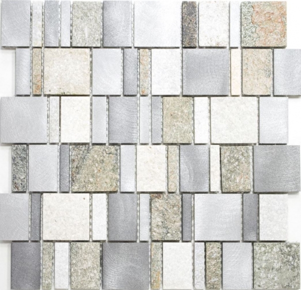 Muestra de mano mosaico azulejo cuarcita piedra natural aluminio gris plata beige claro rectángulo MOS49-515_m