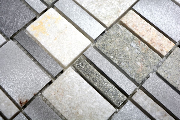 Muestra de mano mosaico azulejo cuarcita piedra natural aluminio gris plata beige claro rectángulo MOS49-515_m