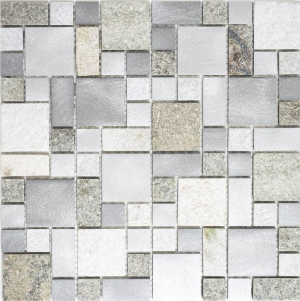 Muestra de mano mosaico azulejo cuarcita piedra natural aluminio plata gris claro beige combinación MOS49-525_m