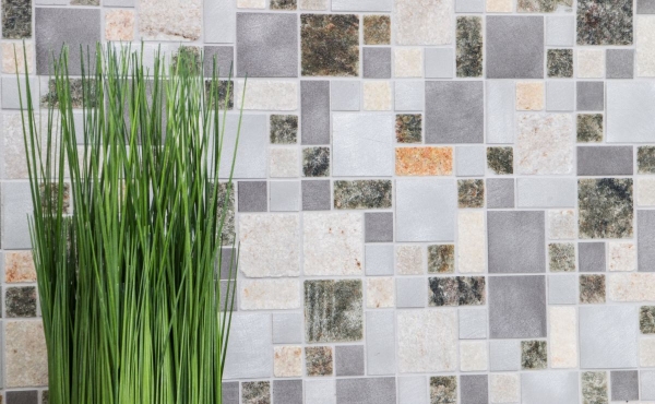 Muestra de mano mosaico azulejo cuarcita piedra natural aluminio plata gris claro beige combinación MOS49-525_m