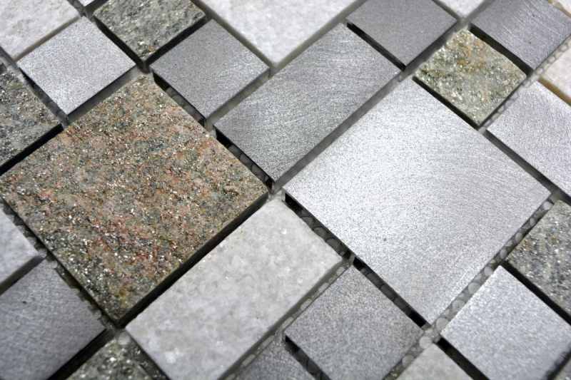 Muestra de mano mosaico azulejo cuarcita piedra natural aluminio plata gris claro beige combinación MOS49-525_m