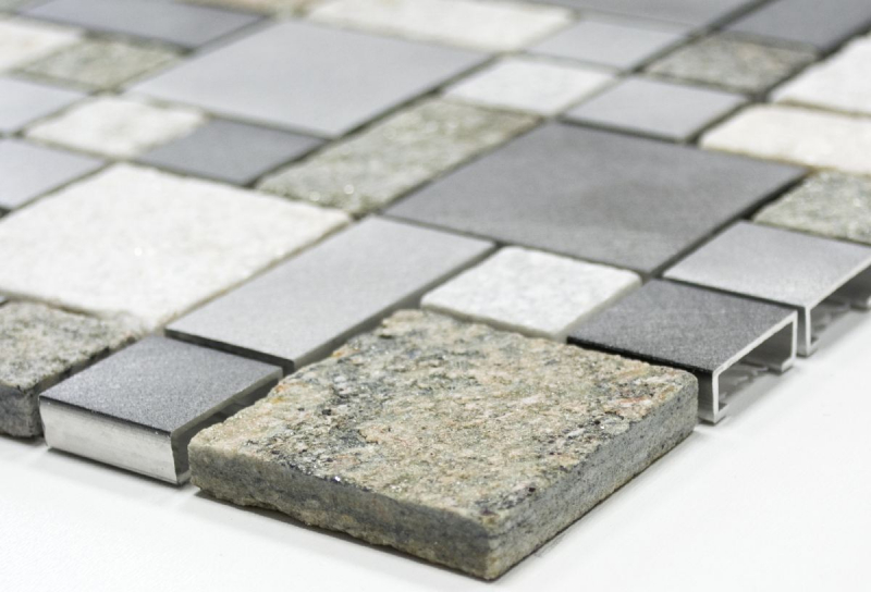 Muestra de mano mosaico azulejo cuarcita piedra natural aluminio plata gris claro beige combinación MOS49-525_m