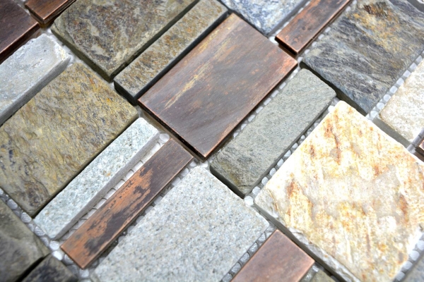Muestra de mano mosaico azulejo cobre gris óxido cobre rectángulo piedra azulejo backsplash cocina MOS47-585_m