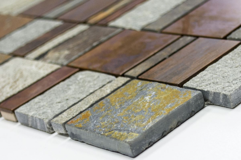 Muestra de mano mosaico azulejo cobre gris óxido cobre rectángulo piedra azulejo backsplash cocina MOS47-585_m