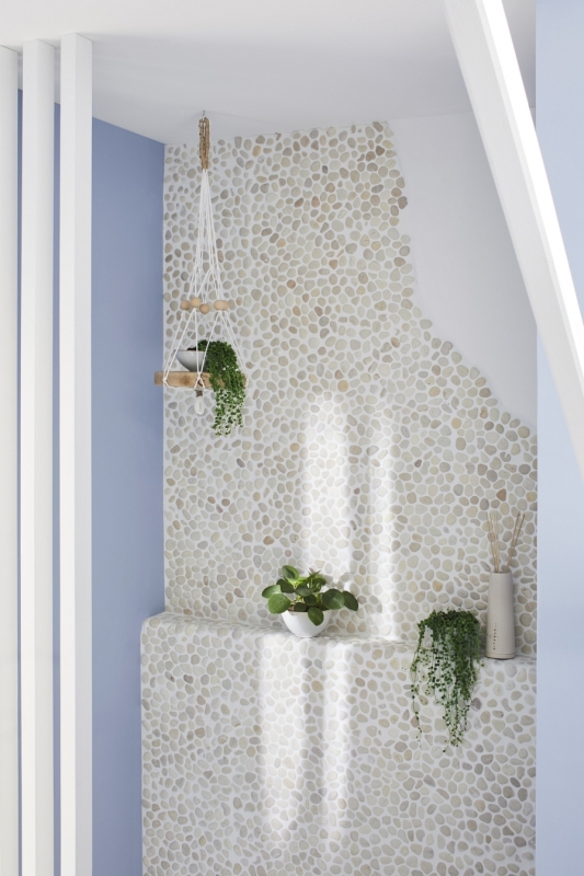 Piedra de río guijarro guijarro curvado blanco crema marfil plato de ducha pared de ducha azulejo backsplash cocina - MOS30-0102