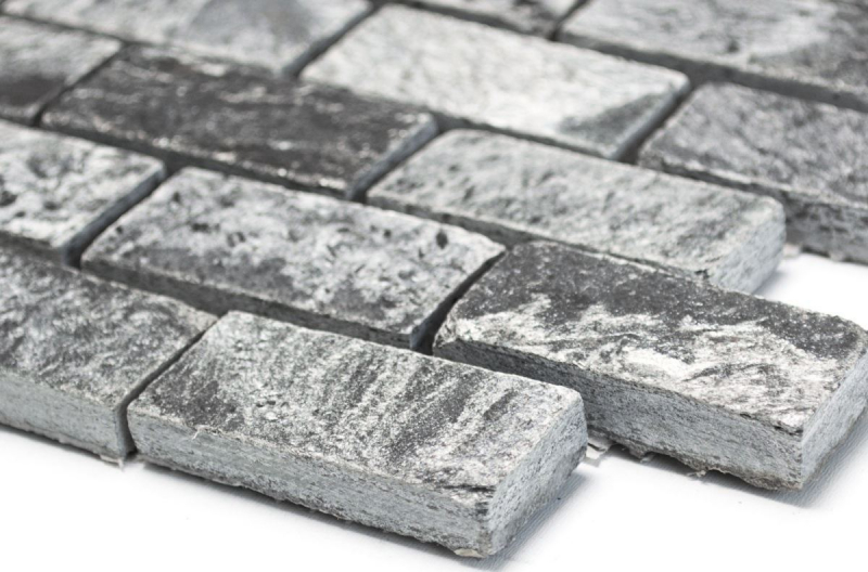 Muestra de mano mosaico azulejo cuarcita piedra natural ladrillo gris plata pulido MOS28-0202_C_m