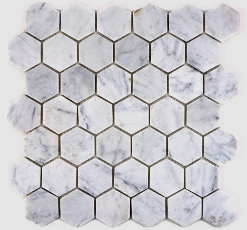 Muestra de mano mosaico azulejo mármol piedra natural hexágono mármol blanco Carrara look MOS44-0103_m