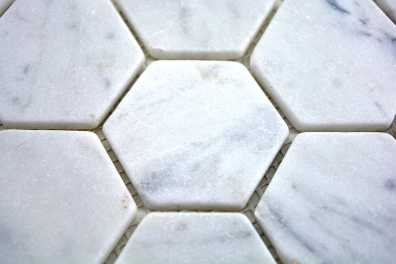 Muestra de mano mosaico azulejo mármol piedra natural hexágono mármol blanco Carrara look MOS44-0103_m