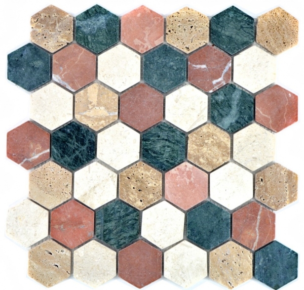 Muestra de mano mosaico azulejo mármol piedra natural crema beige rojo verde hexágono aleatorio MOS42-1213_m